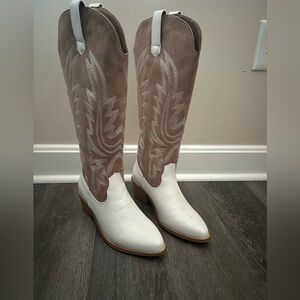 Women's Two-Tone Western Knee-High Boots - White & Taupe